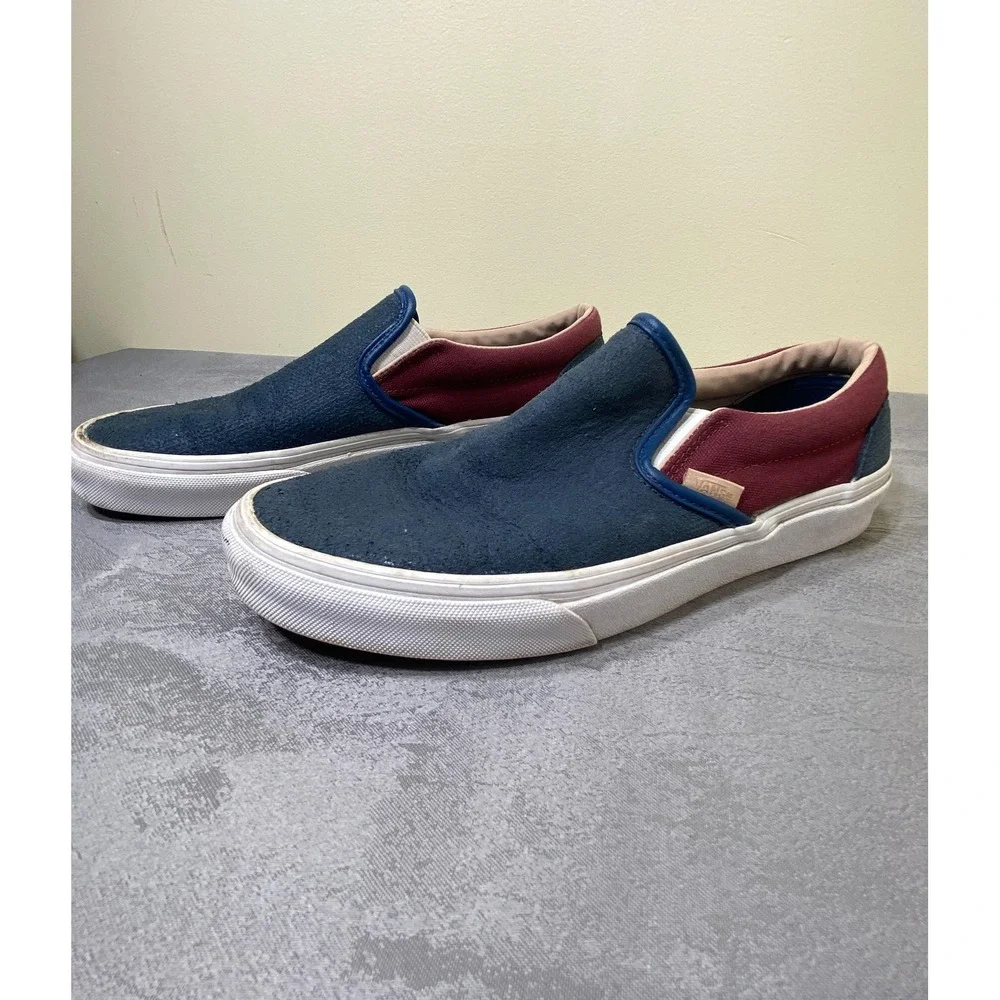 Vans Classic Slip-On Mens 7.5 Blue Burgundy Colorblock Suede Canvas Shoes
